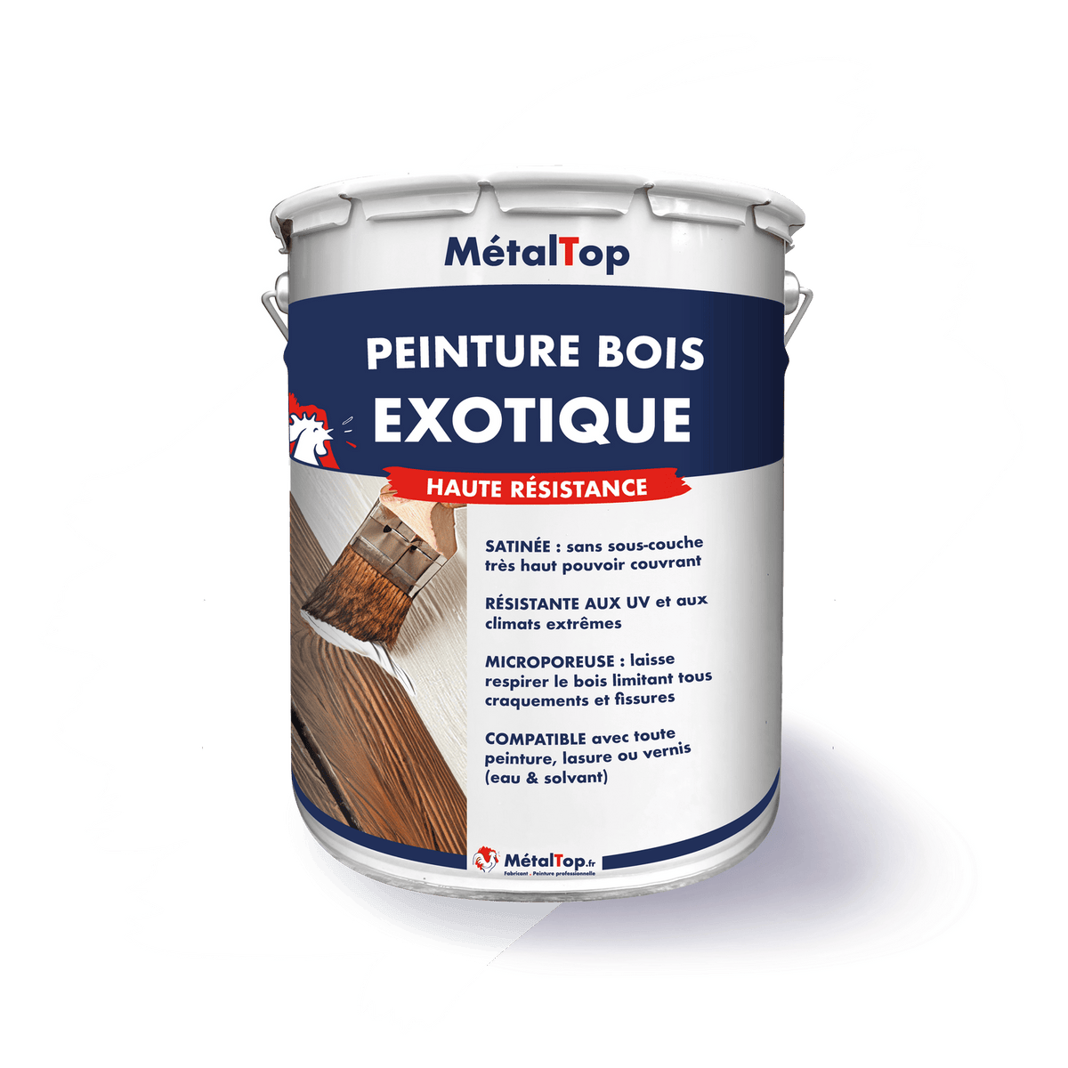Pot de peinture MétalTop Bois Exotique haute résistance, application au pinceau sur bois