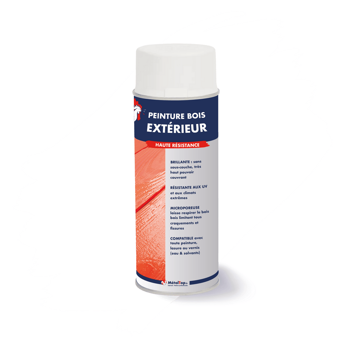Aérosol de peinture bois extérieur haute résistance MétalTop, capuchon blanc