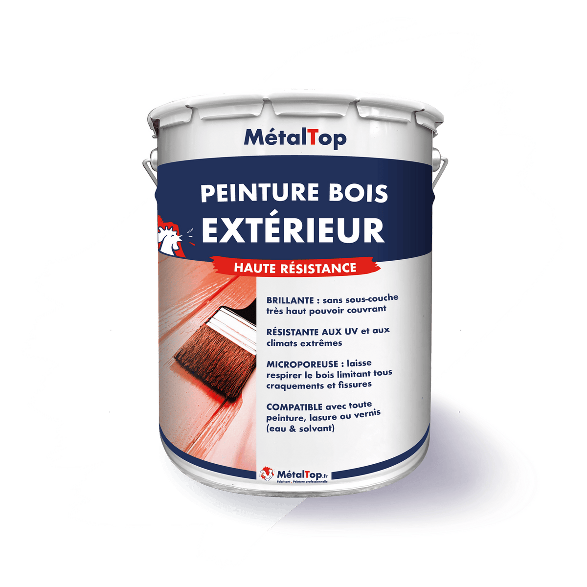 Pot de peinture bois extérieur MétalTop haute résistance avec pinceau sur planche