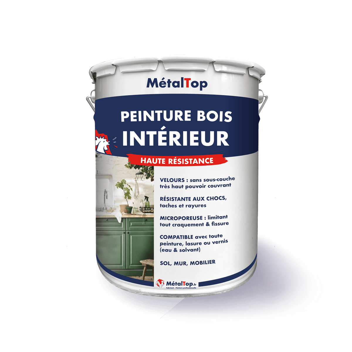 Pot de peinture bois intérieur MétalTop haute résistance avec cuisine verte sur l'étiquette