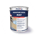 Pot de peinture bois mat MétalTop intérieur-extérieur, pinceau appliquant une peinture bleu clair