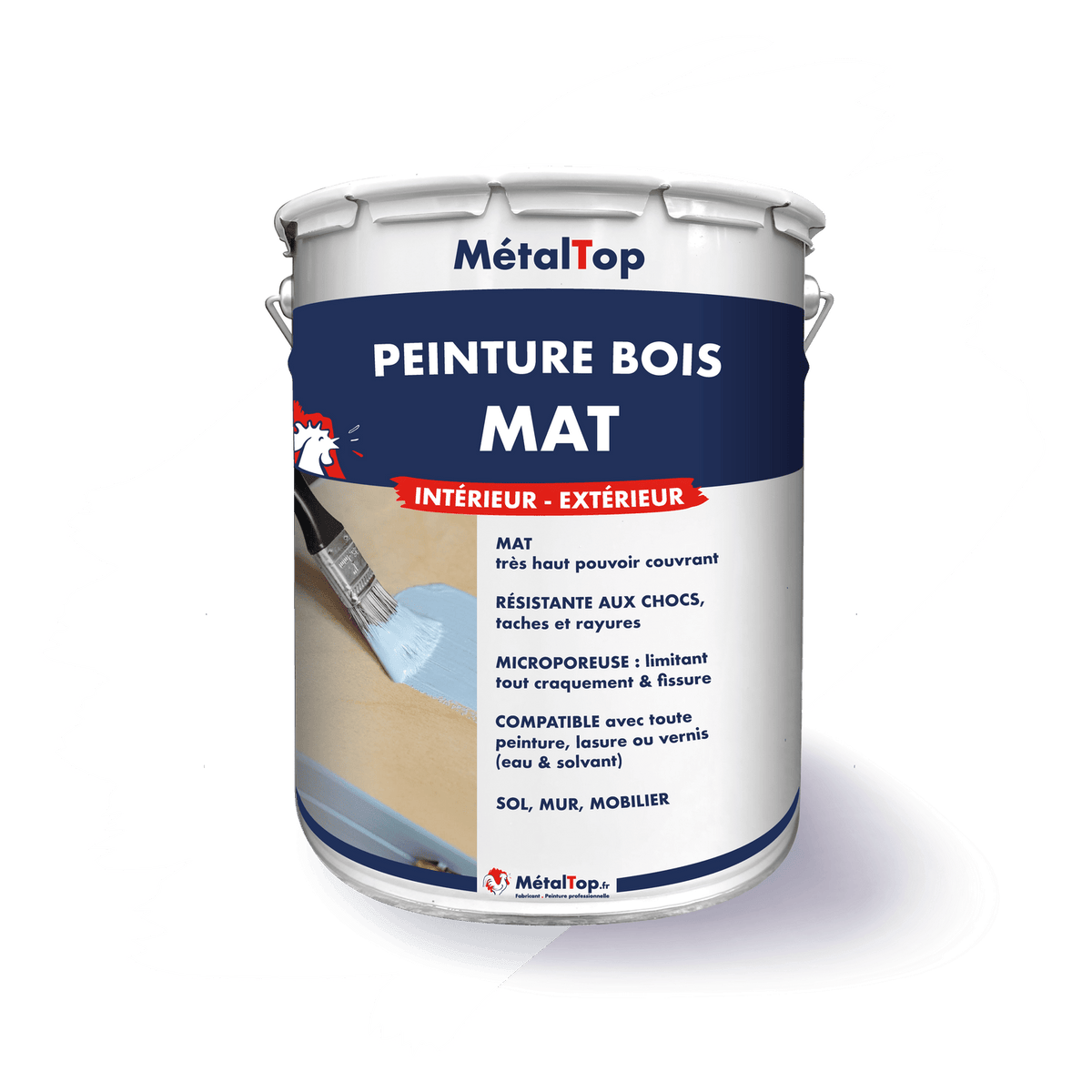 Pot de peinture bois mat MétalTop intérieur-extérieur, pinceau appliquant une peinture bleu clair