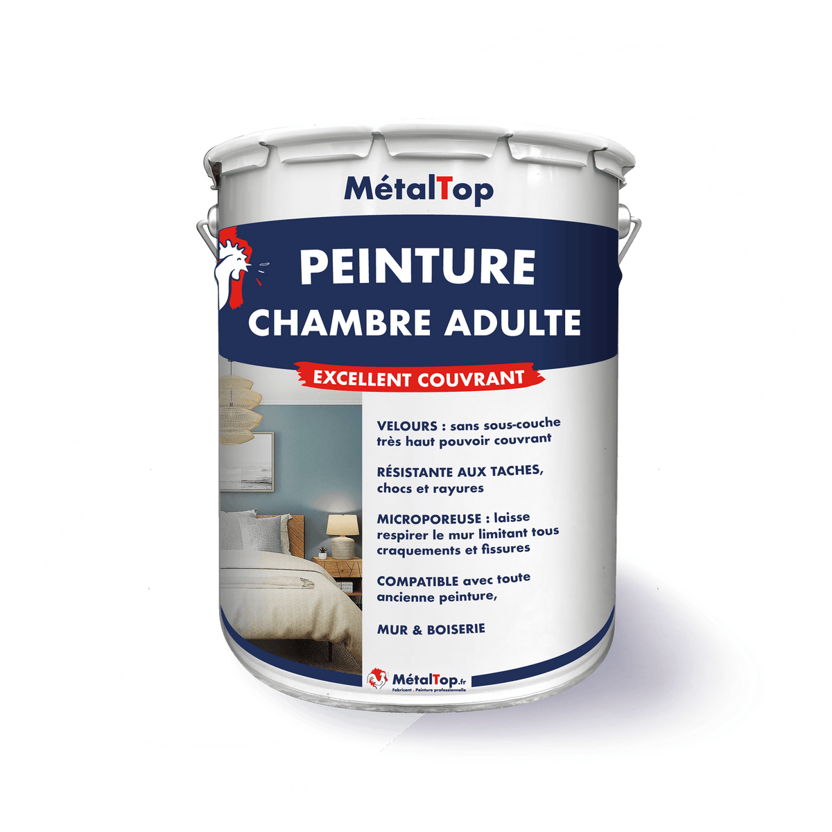Pot de peinture MétalTop Chambre Adulte, excellent couvrant, avec visuel d'une chambre aux murs bleu-gris
