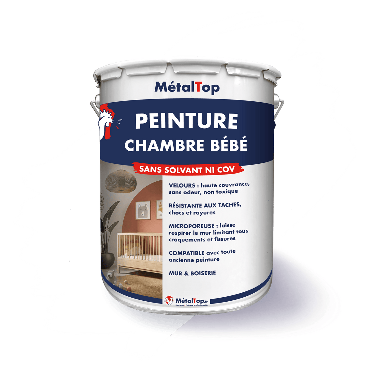 Pot de peinture MétalTop pour chambre bébé, sans solvant ni COV, avec visuel de chambre d'enfant