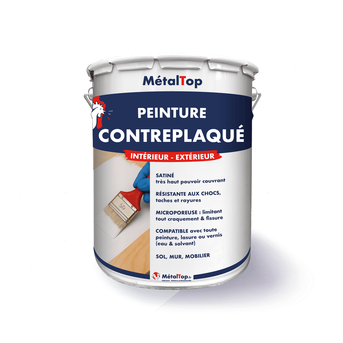 Pot de peinture MétalTop pour contreplaqué, finition satinée, usage intérieur et extérieur