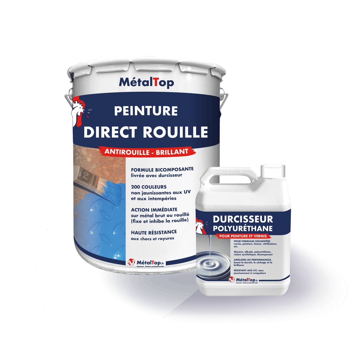 Pot de peinture antirouille MétalTop Direct Rouille et bidon de durcisseur polyuréthane