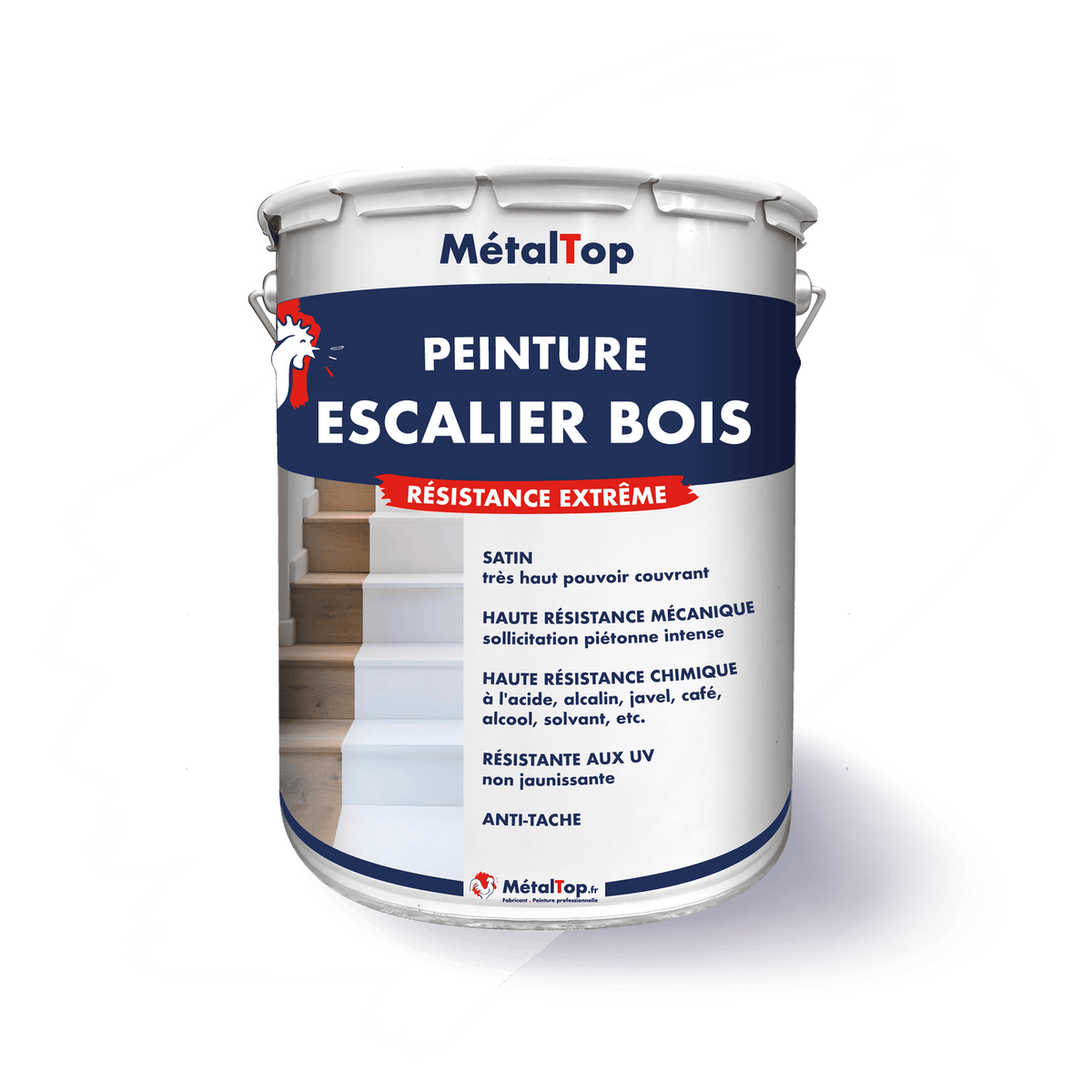 Pot de peinture MétalTop pour escalier bois, finition satin, marches en bois peintes en blanc