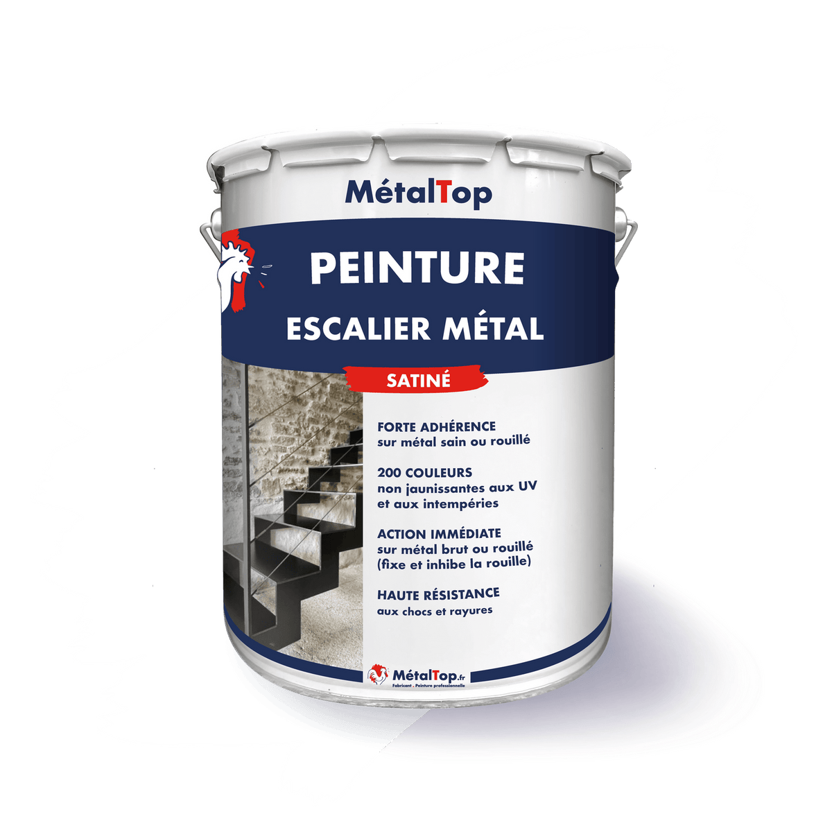 Pot de peinture MétalTop pour escalier métal satiné, avec illustration d'un escalier métallique noir