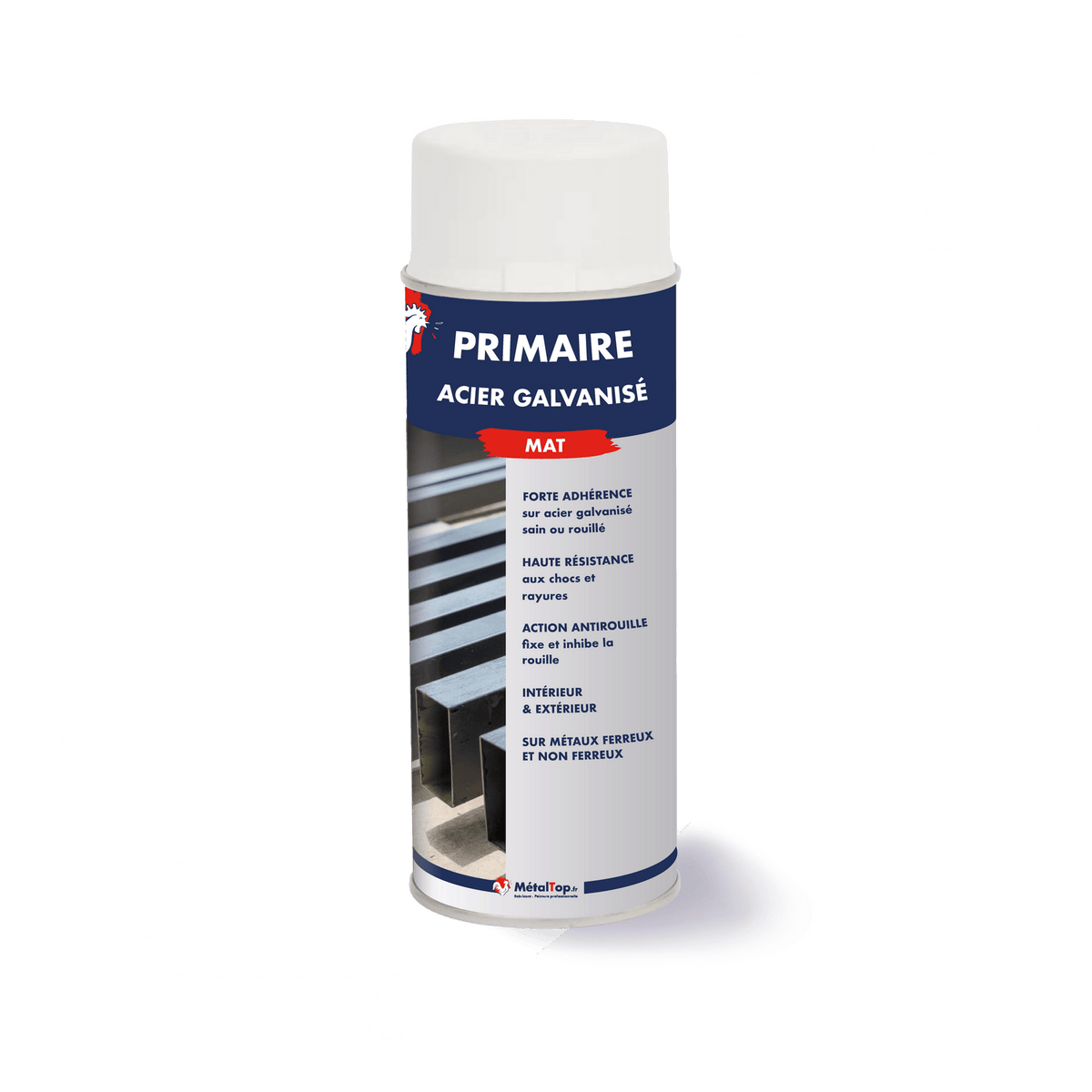 Bombe aérosol blanche Primaire acier galvanisé MétalTop, finition mat