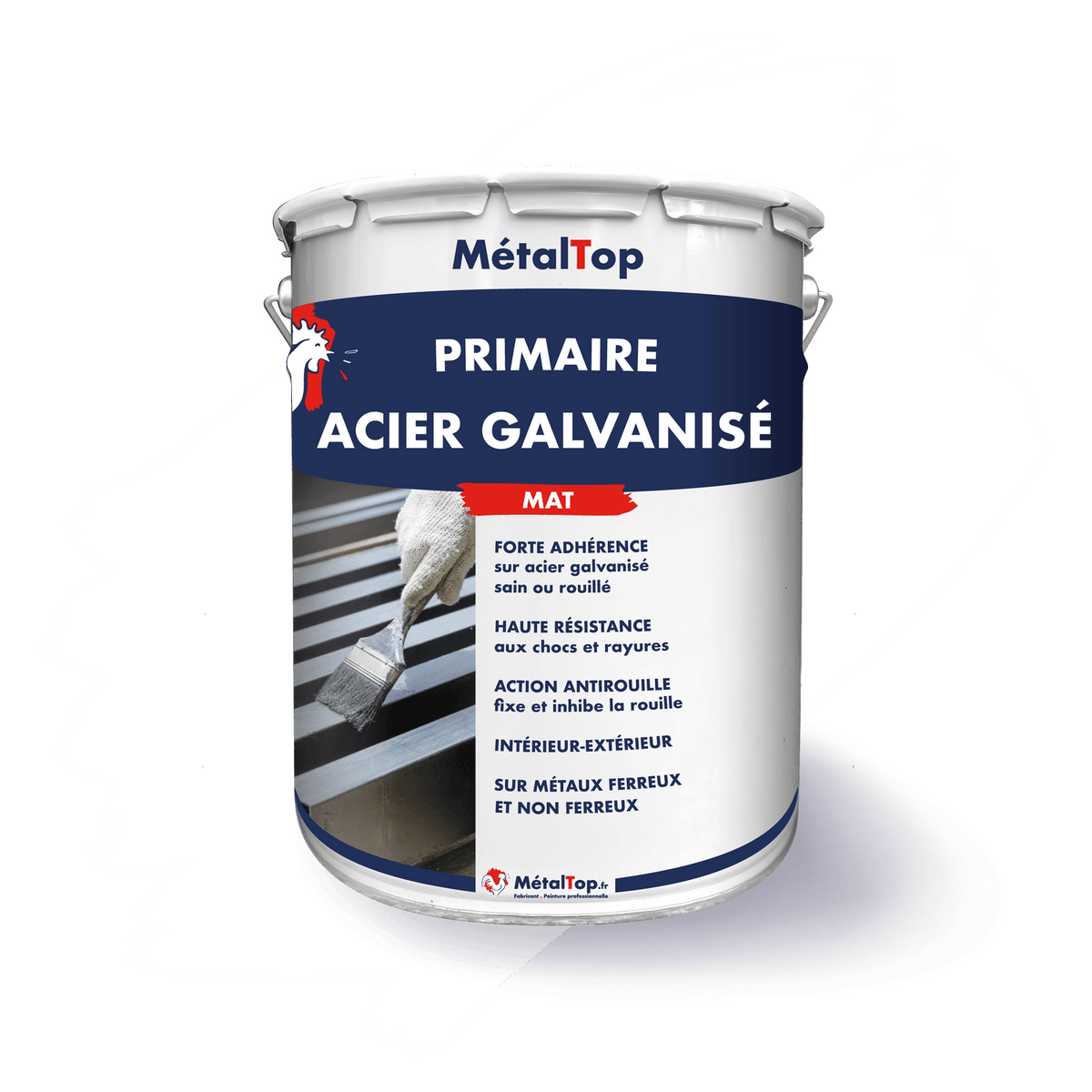 Pot de primaire acier galvanisé mat MétalTop, anti-rouille, étiquette bleue et blanche