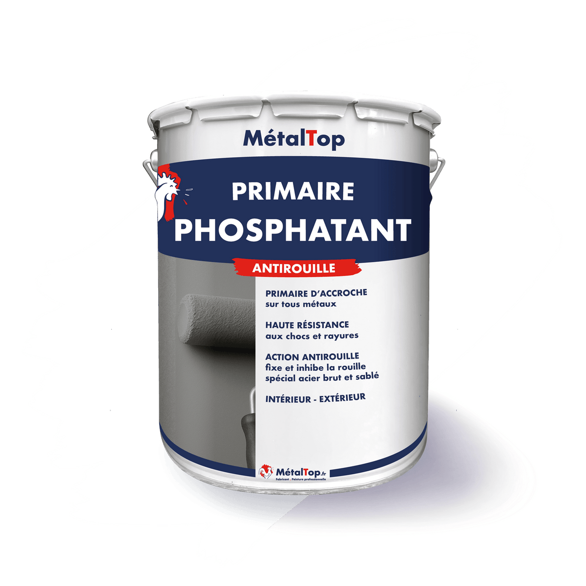 Pot de primaire phosphatant antirouille MétalTop avec illustration d'un rouleau gris