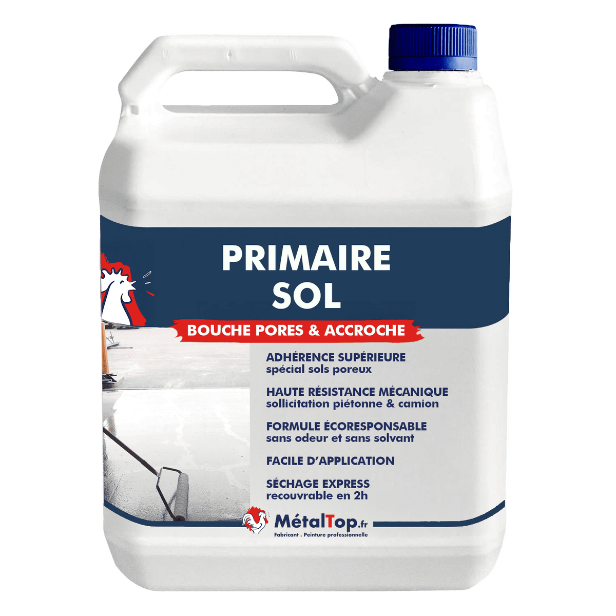 Bidon blanc Primaire Sol MétalTop, primaire bouche pores et accroche pour sols