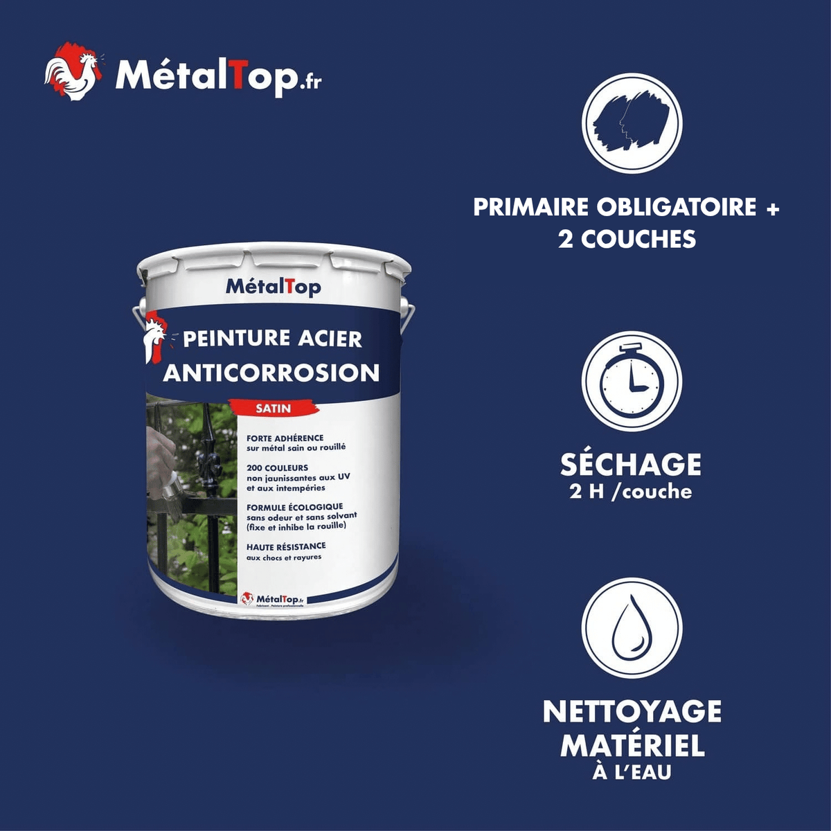 Présentation de la gamme Peinture Acier Anticorrosion Métaltop avec conditionnement et conseils d’application