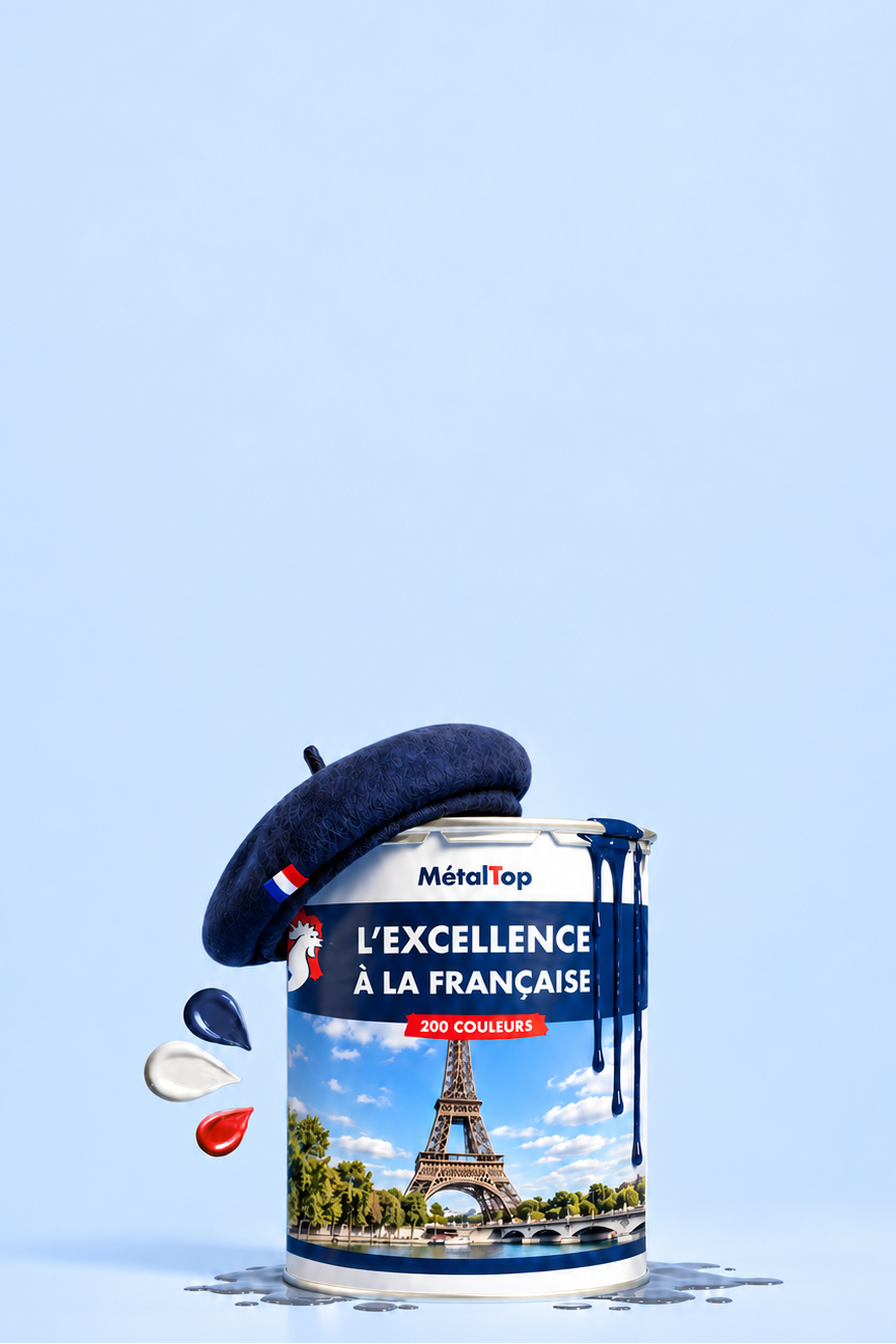 Pot de peinture Métaltop de la gamme Peinture parisienne sur fond bleu clair