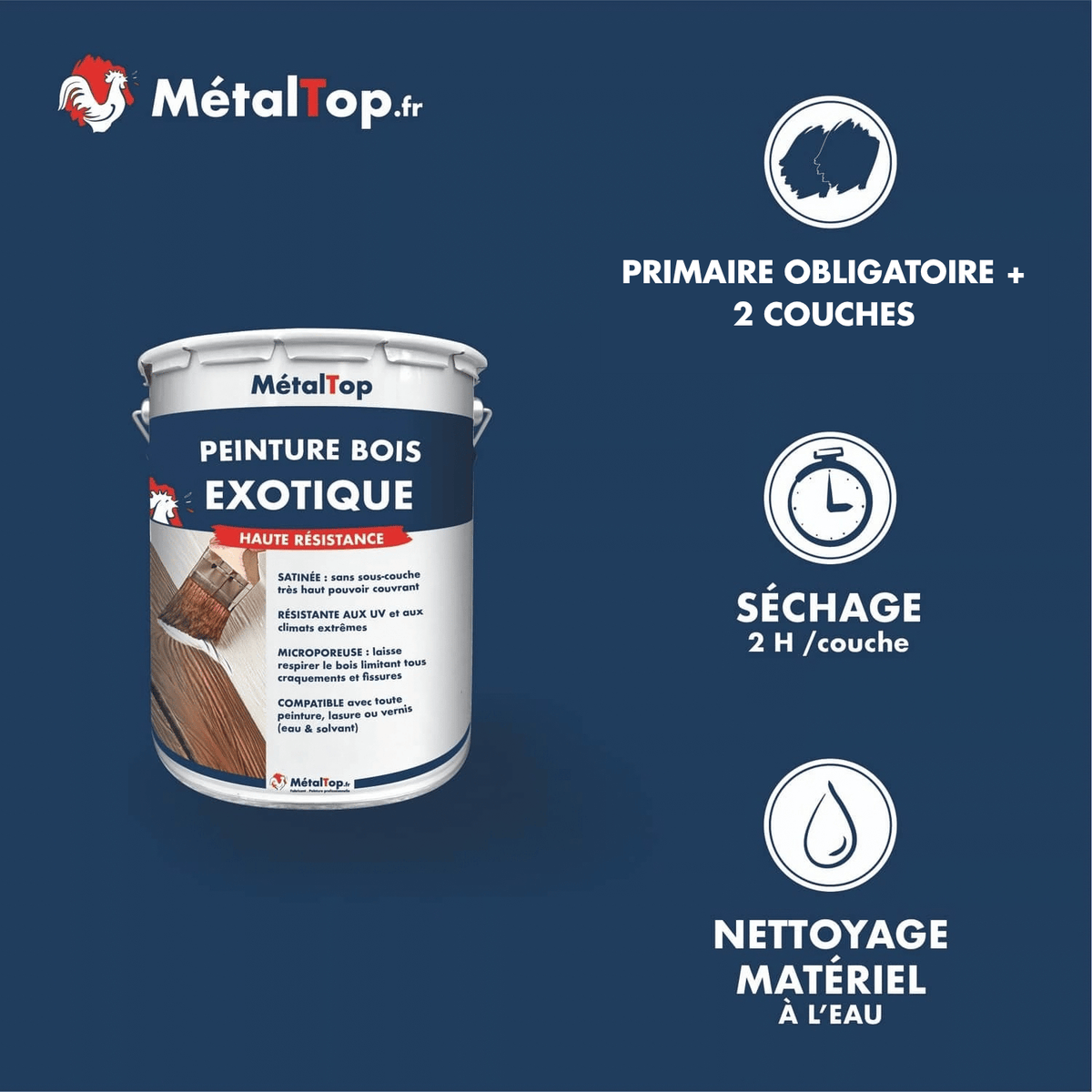 Présentation de la gamme Peinture boisexotique Métaltop avec conditionnement et conseils d’application