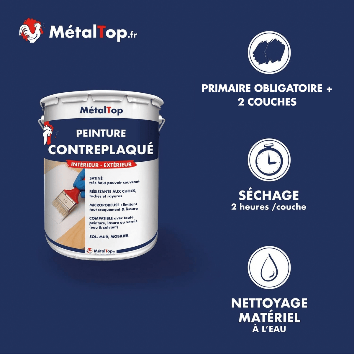 Présentation de la gamme Peinture contreplaque Métaltop avec conditionnement et conseils d’application