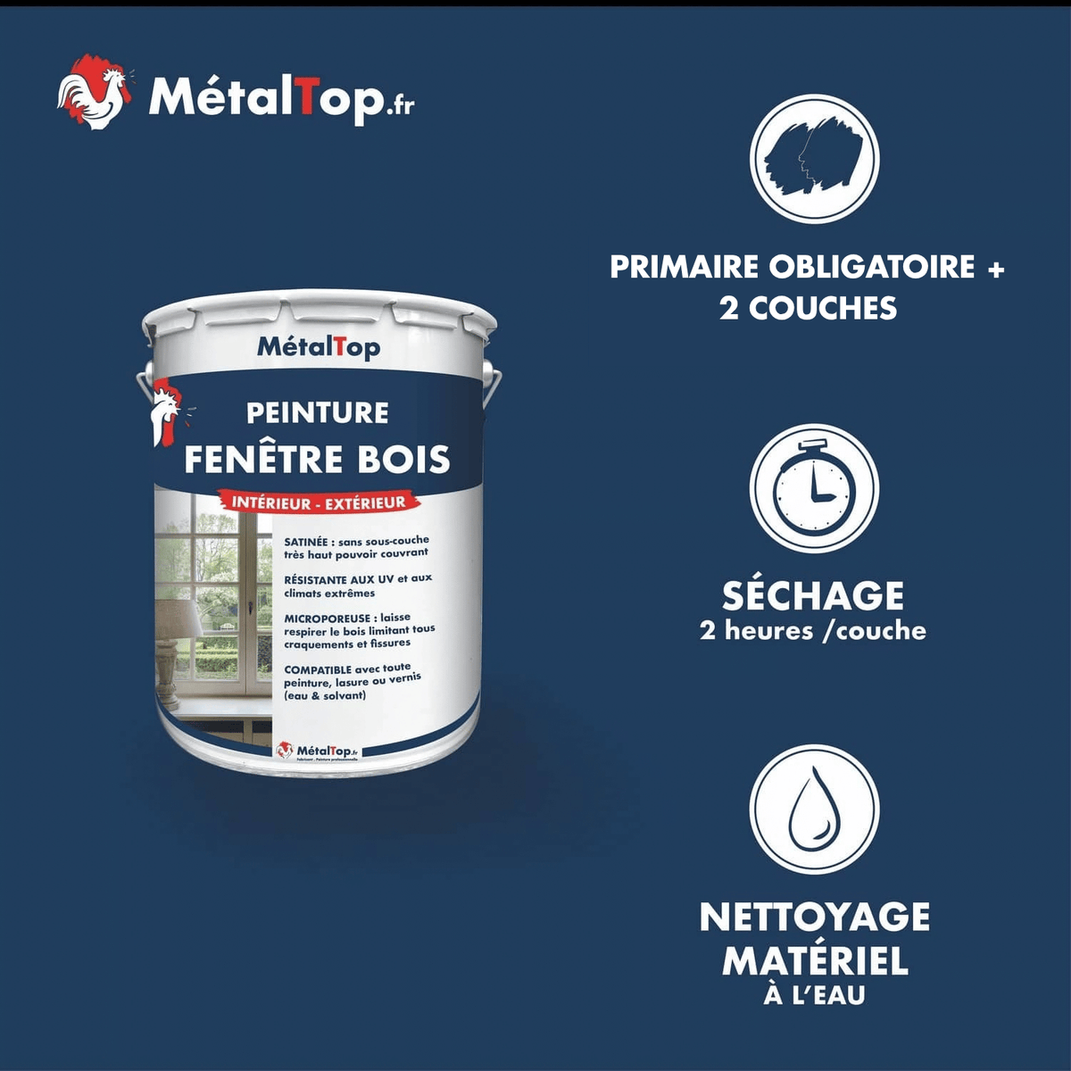 Présentation de la gamme Peinture fenetrebois Métaltop avec conditionnement et conseils d’application