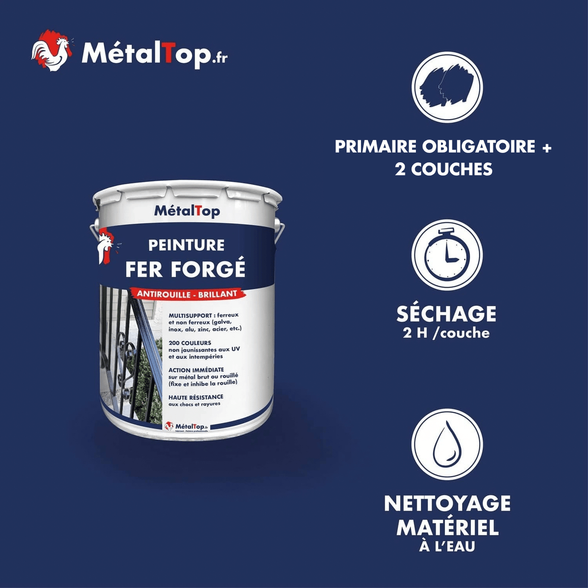 Présentation de la gamme Peinture ferforge Métaltop avec conditionnement et conseils d’application