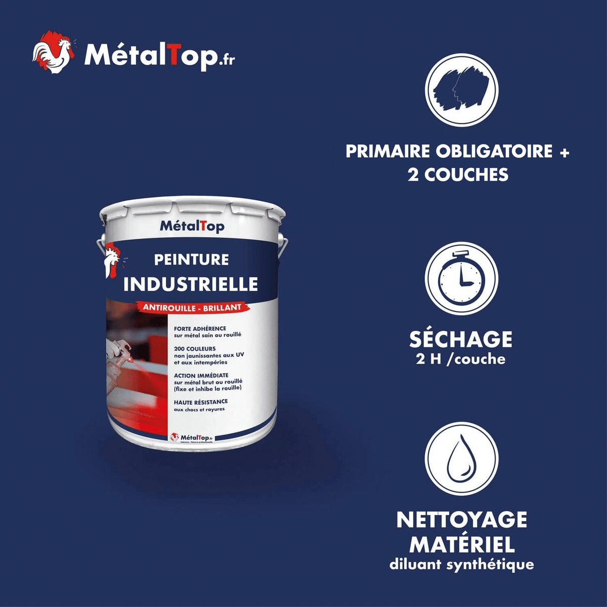 Présentation de la gamme Peinture industrielle Métaltop avec conditionnement et conseils d’application