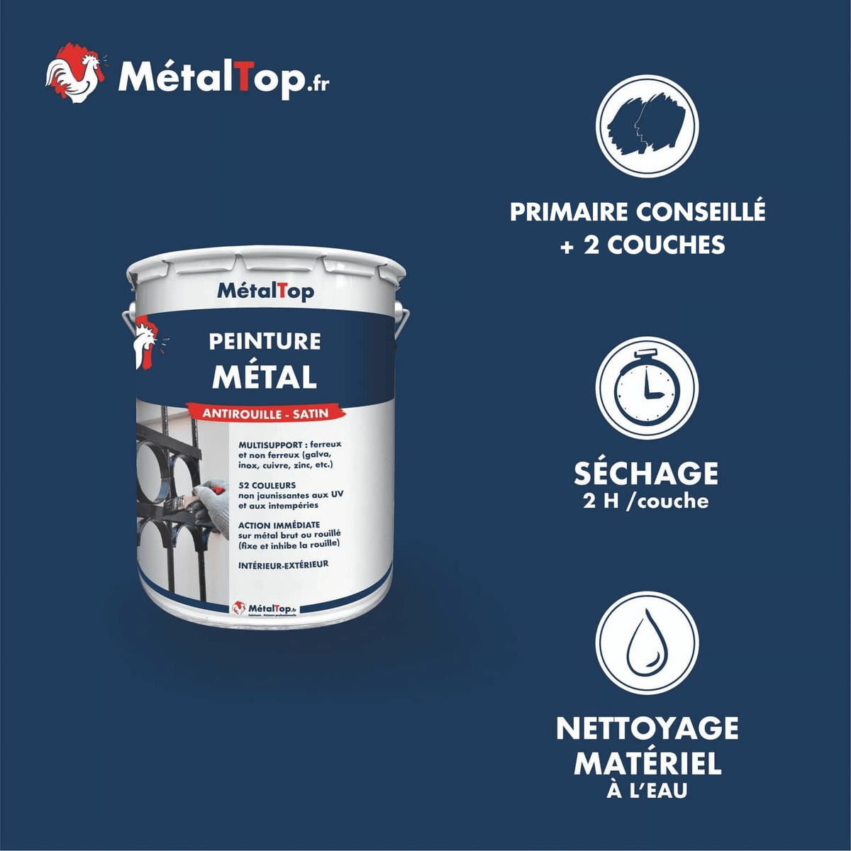 Présentation de la gamme Peinture metal Métaltop avec conditionnement et conseils d’application