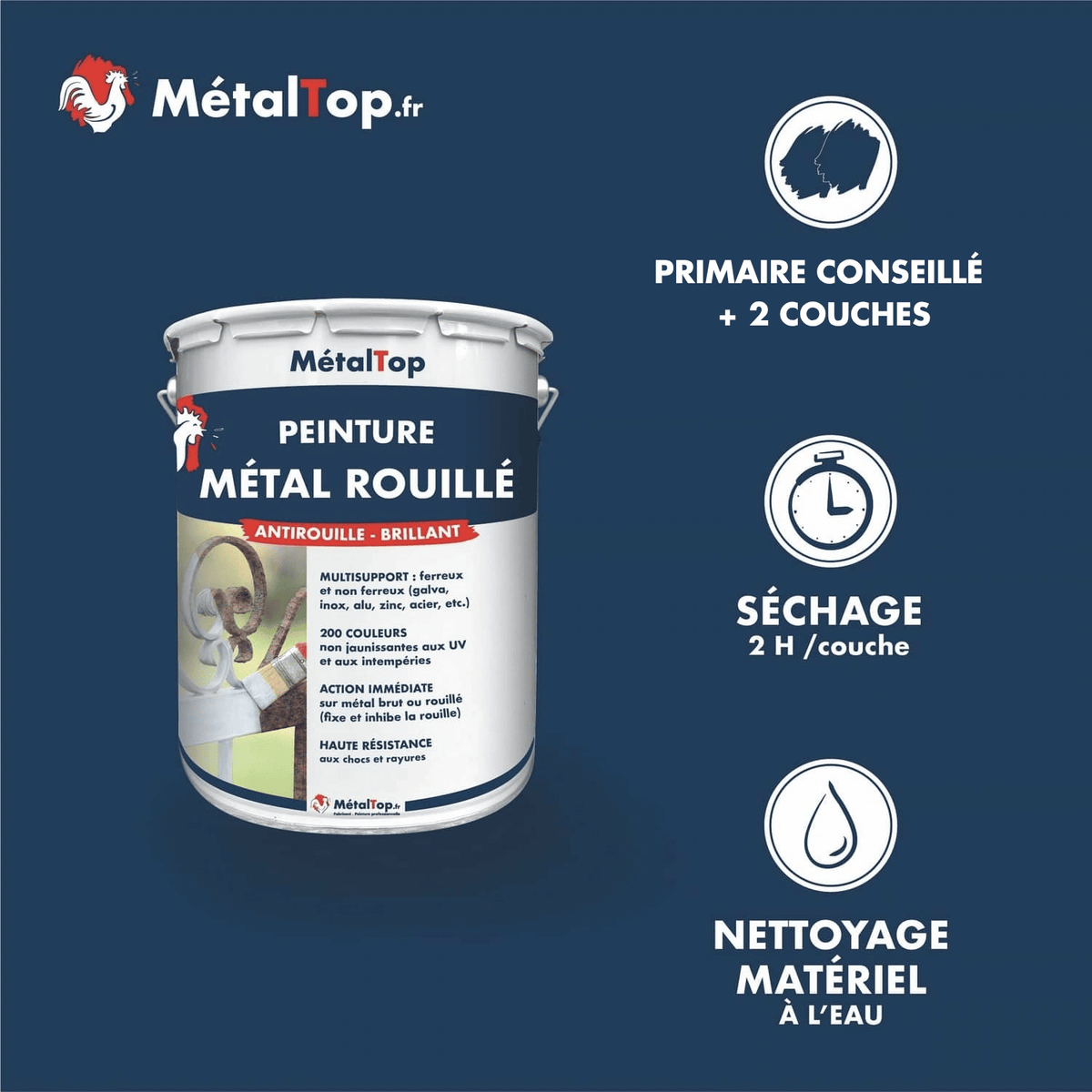 Présentation de la gamme Peinture metalrouille Métaltop avec conditionnement et conseils d’application