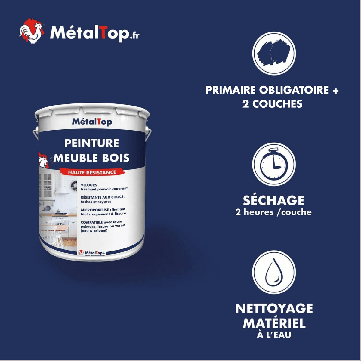 Présentation de la gamme Peinture meublebois Métaltop avec conditionnement et conseils d’application