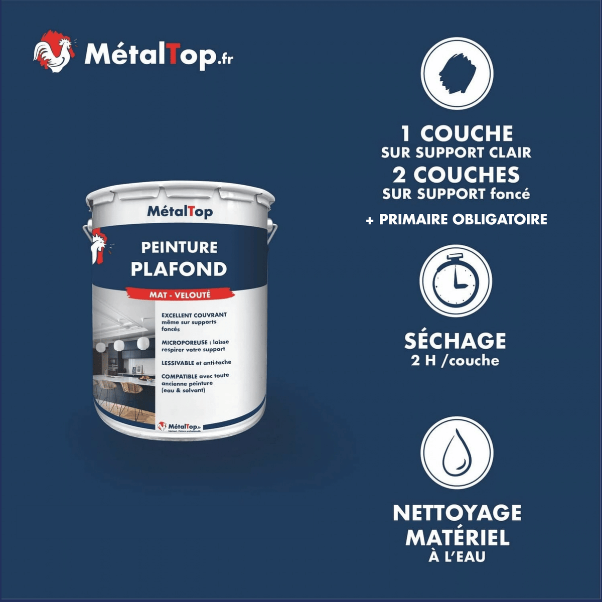 Présentation de la gamme Peinture plafond Métaltop avec conditionnement et conseils d’application