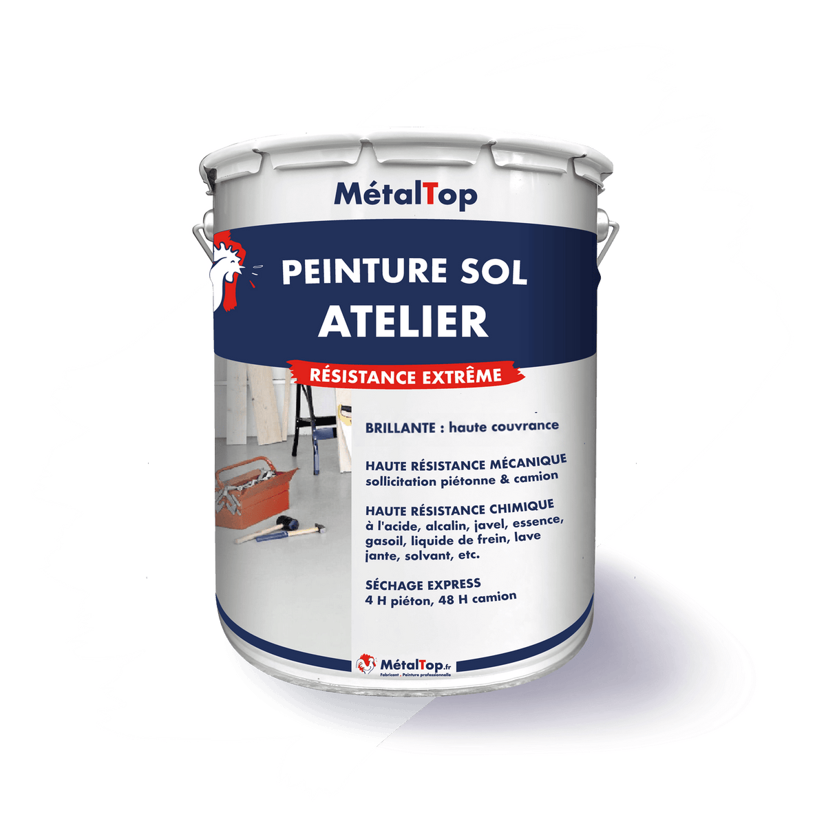 Pot de peinture sol atelier MétalTop résistance extrême, finition brillante
