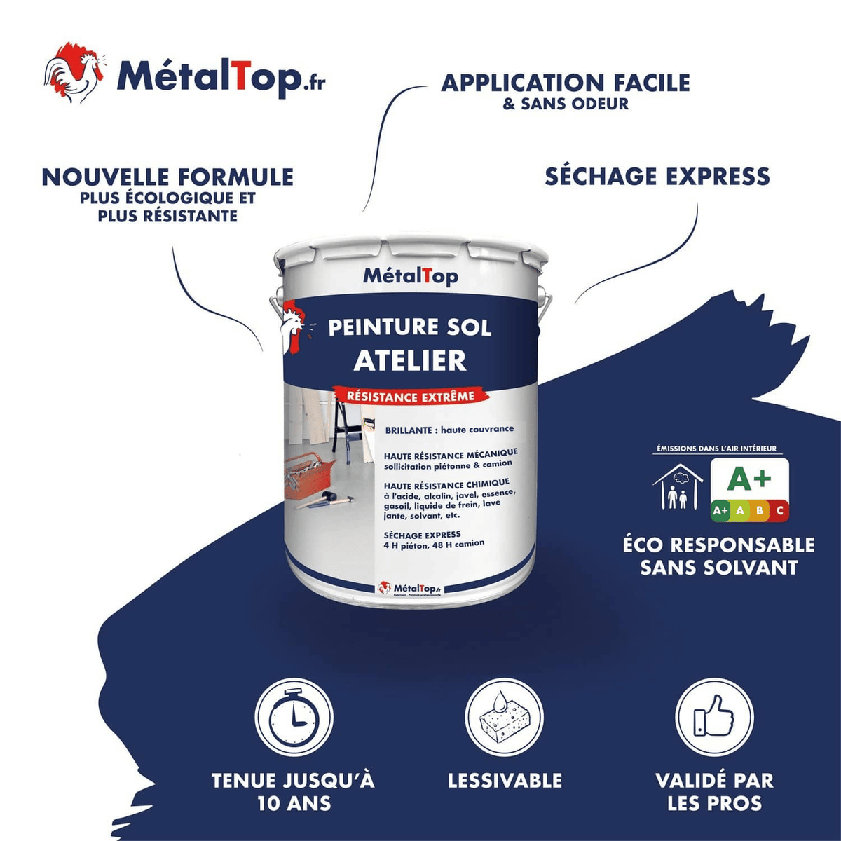 Pot de peinture sol atelier MétalTop, résistance extrême, brillante et séchage express