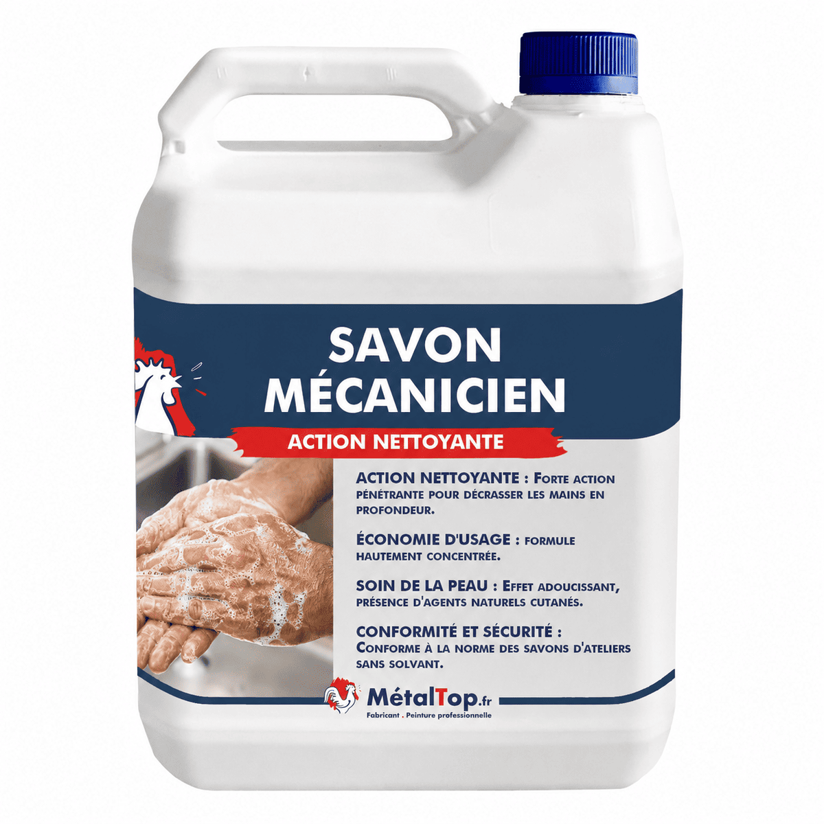 Bidon de savon mécanicien MétalTop à action nettoyante, illustré de mains savonneuses