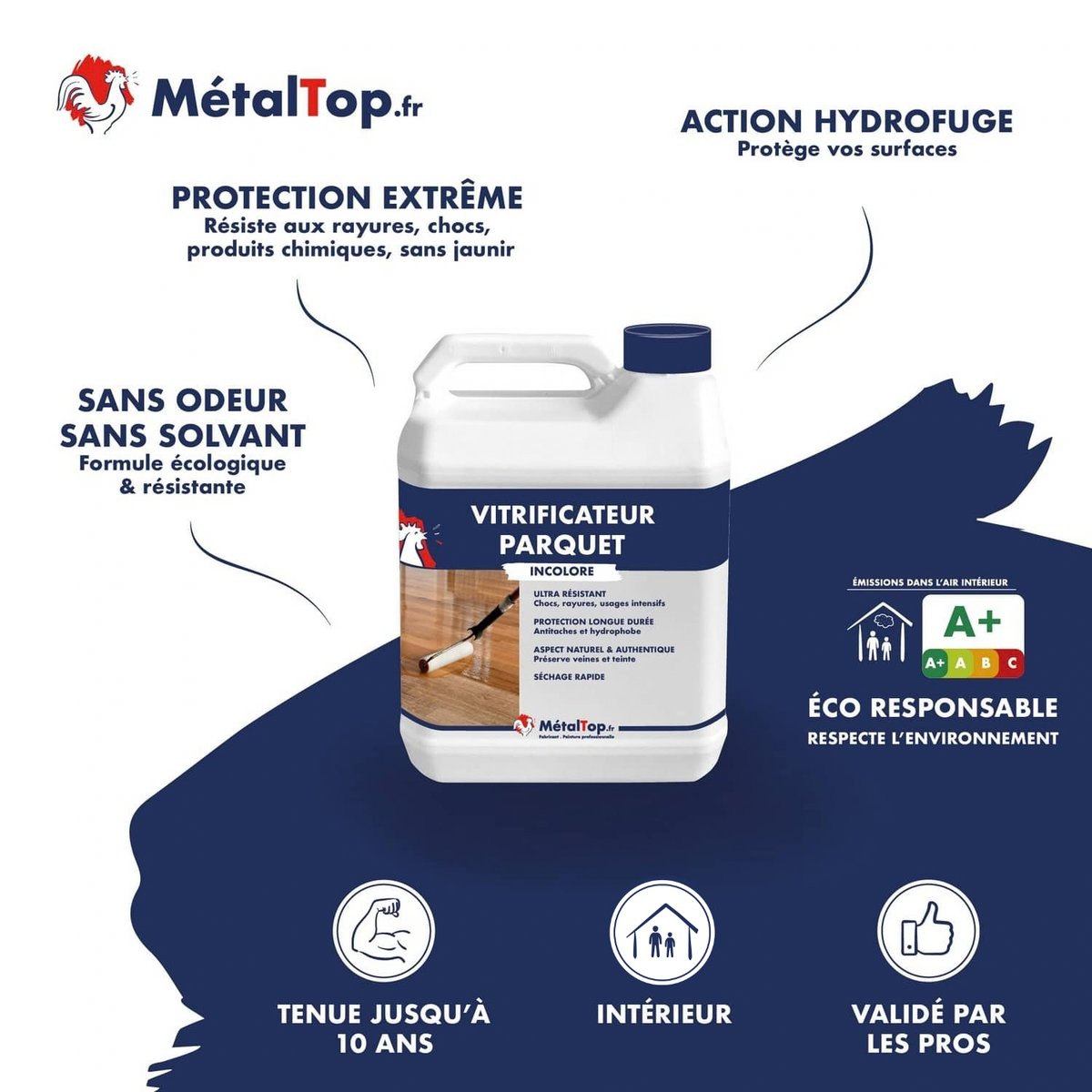 Infographie du Vitrificateur Parquet Métaltop avec bidon et caractéristiques du produit
