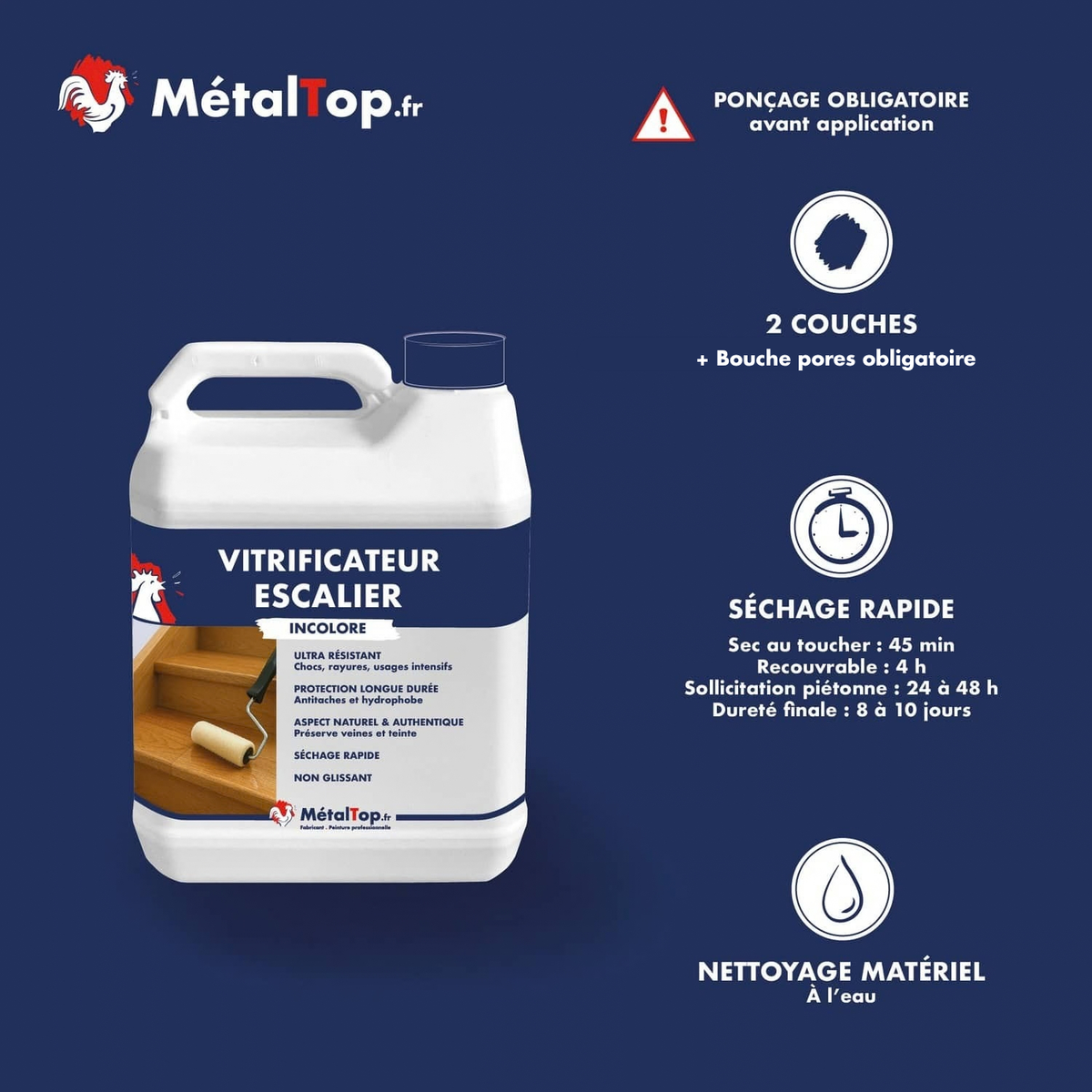 Présentation de la gamme Vitrificateur escalier Métaltop avec conditionnement et conseils d’application
