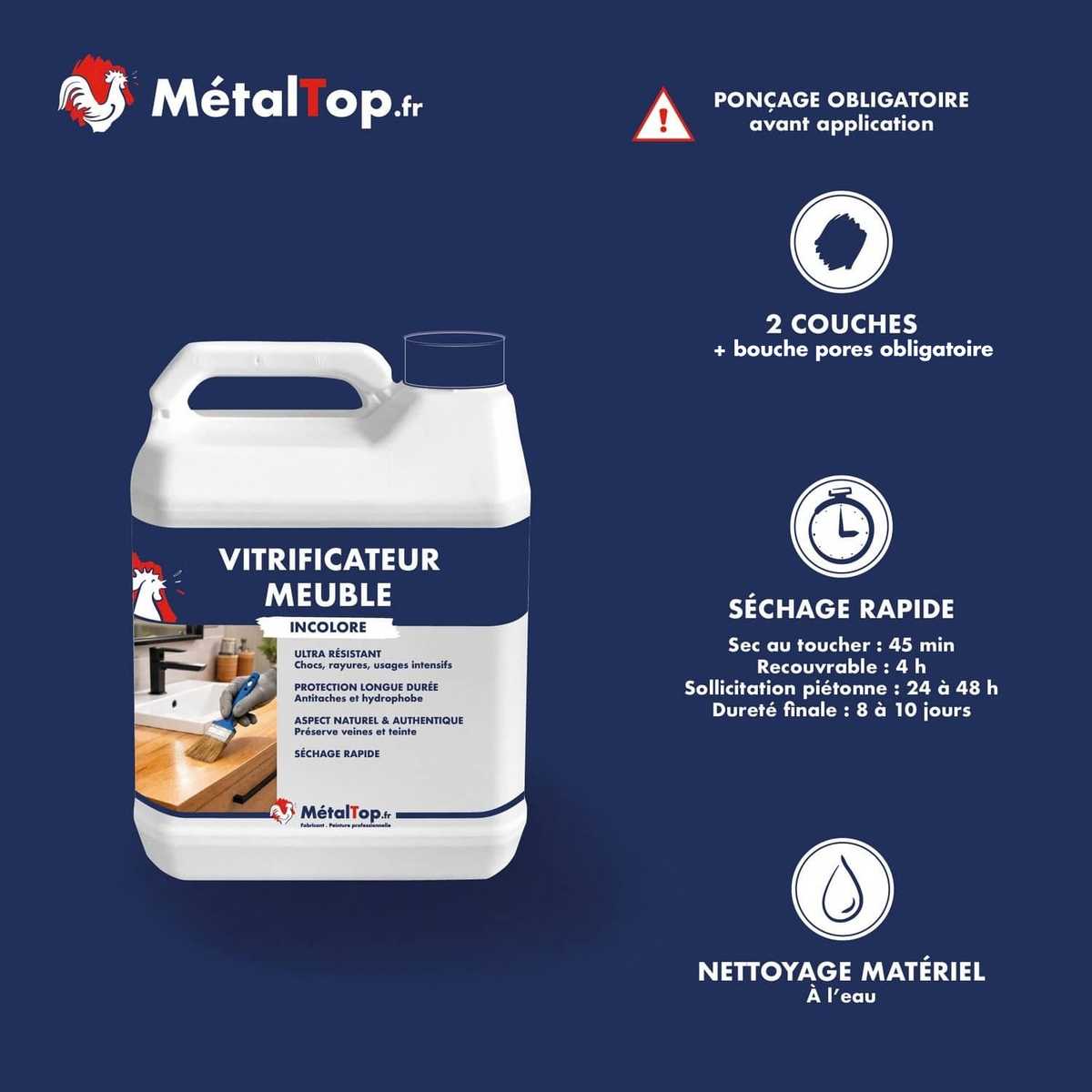 Présentation de la gamme Vitrificateur meuble Métaltop avec conditionnement et conseils d’application
