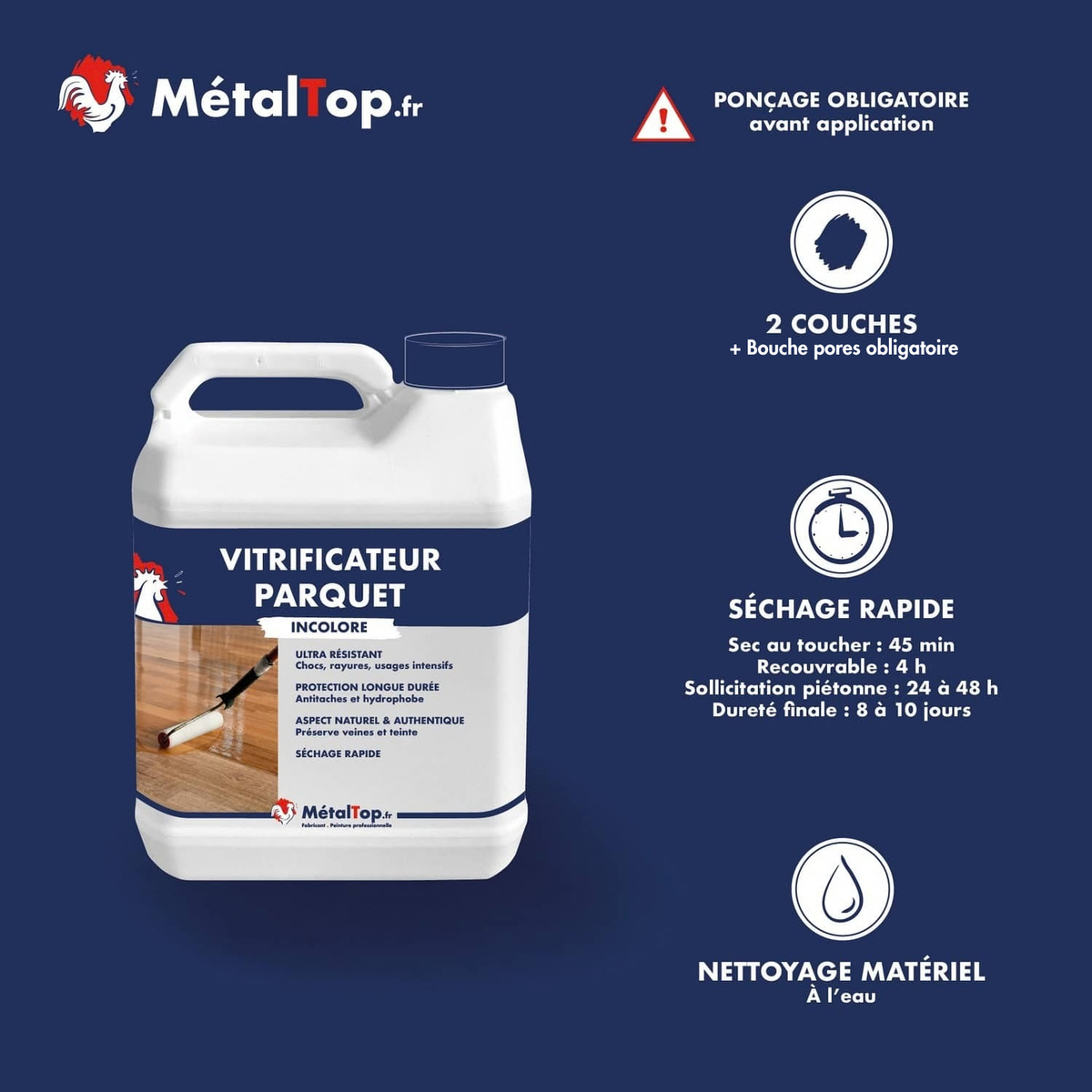 Présentation de la gamme Vitrificateur parquet Métaltop avec conditionnement et conseils d’application