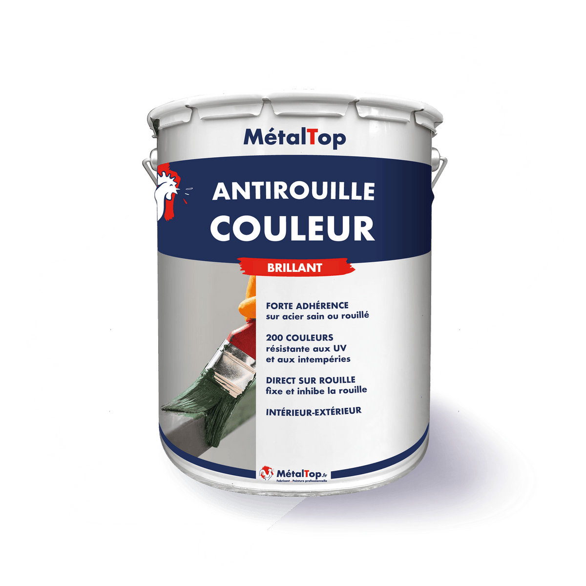 Pot MétalTop Antirouille Couleur brillant, pinceau appliquant de la peinture verte sur métal