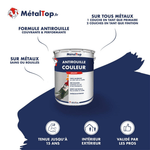 Pot de peinture antirouille couleur MétalTop, finition brillante, sur fond bleu marine