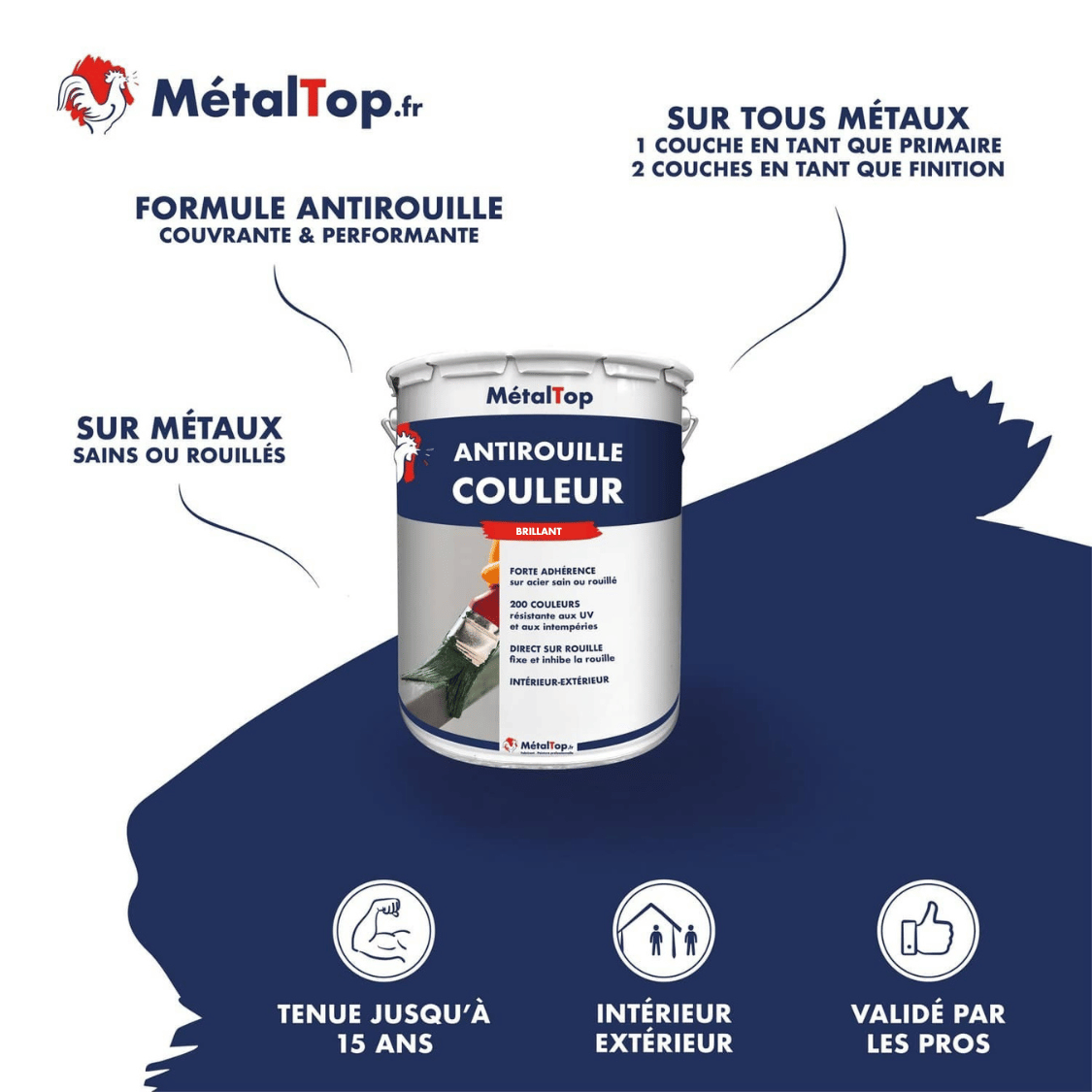 Pot de peinture antirouille couleur MétalTop, finition brillante, sur fond bleu marine