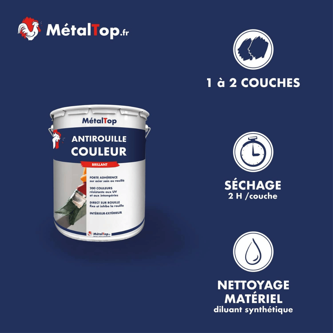 Pot de peinture antirouille couleur MétalTop brillant, séchage 2 h, intérieur-extérieur