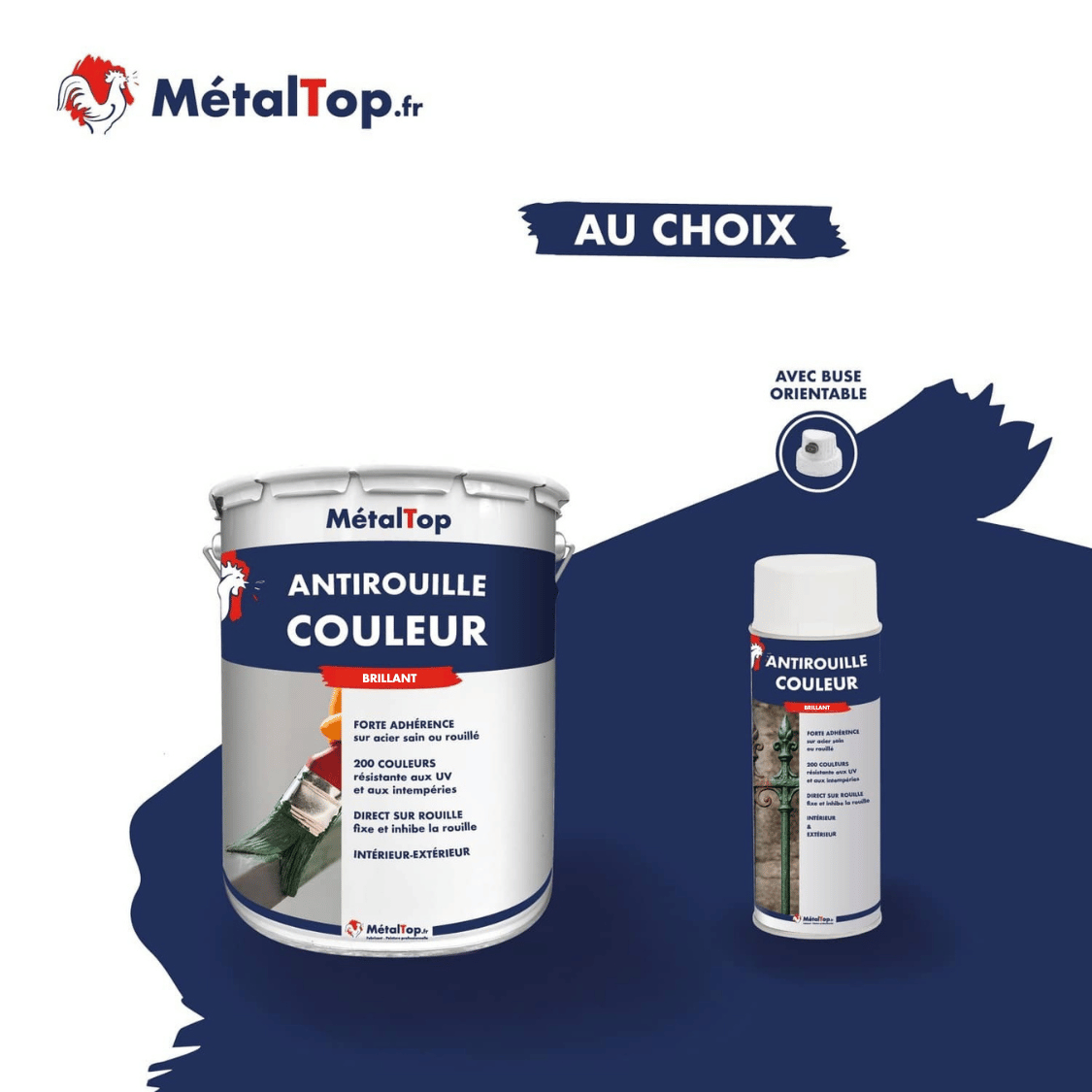 Pot et bombe de peinture antirouille couleur MétalTop brillante sur fond bleu marine