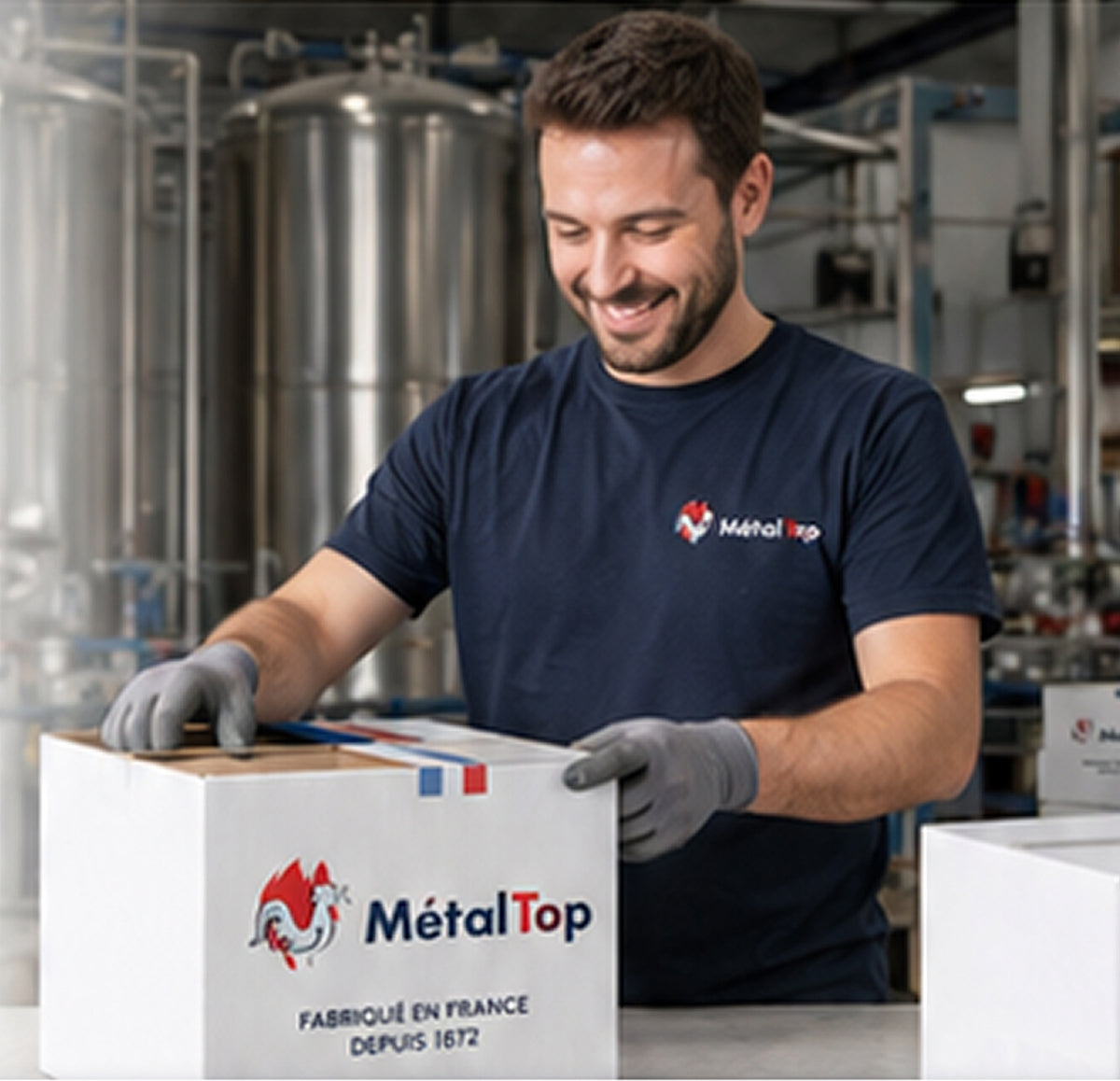 Employé souriant en t-shirt Métal Top refermant un carton Métal Top, cuves inox en arrière-plan