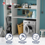 Buanderie aux étagères blanches et machine à laver, avec icônes brosse, rouleau et pistolet