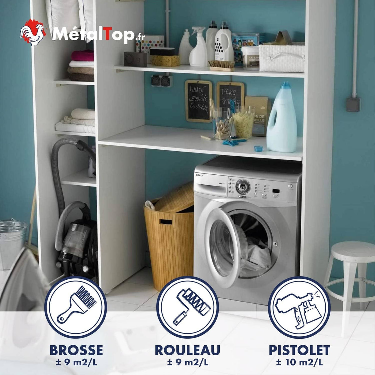 Buanderie aux étagères blanches et machine à laver, avec icônes brosse, rouleau et pistolet