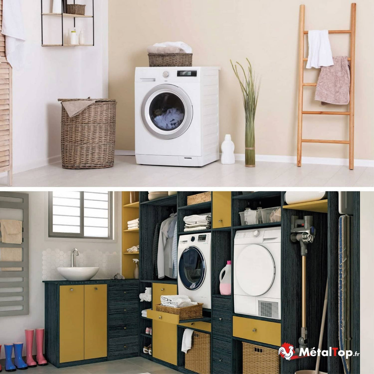 Buanderie avec lave-linge, sèche-linge et meubles de rangement jaune moutarde et bleu foncé