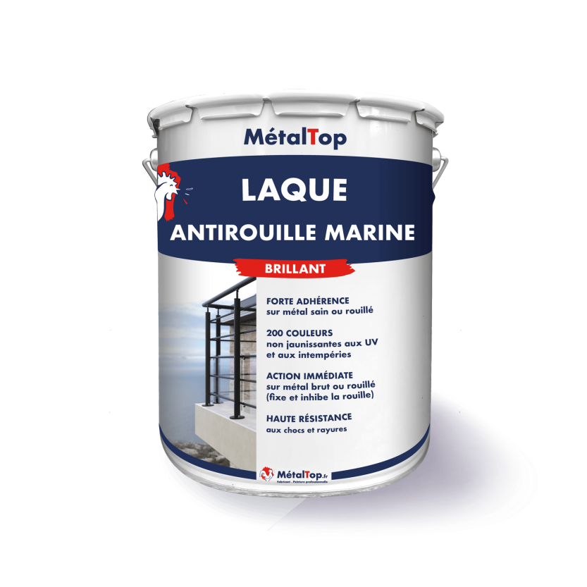 Pot de laque antirouille marine brillant MétalTop, étiquette bleu marine et rouge