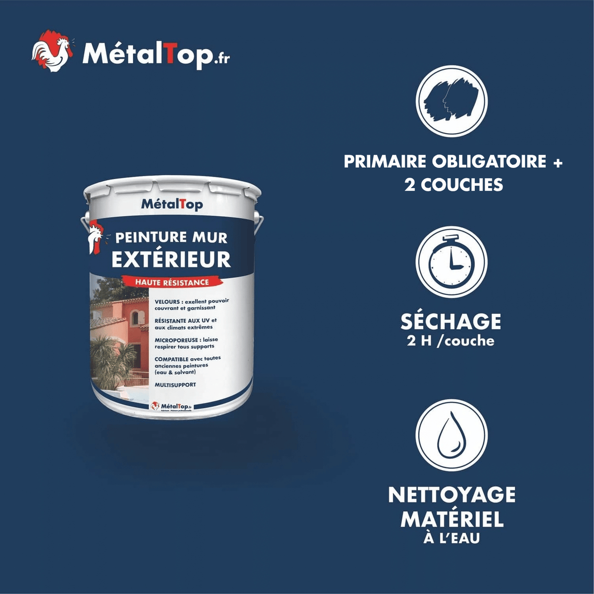 Présentation de la gamme peinture mur exterieur PAGE 3 Métaltop avec conditionnement et conseils d’application