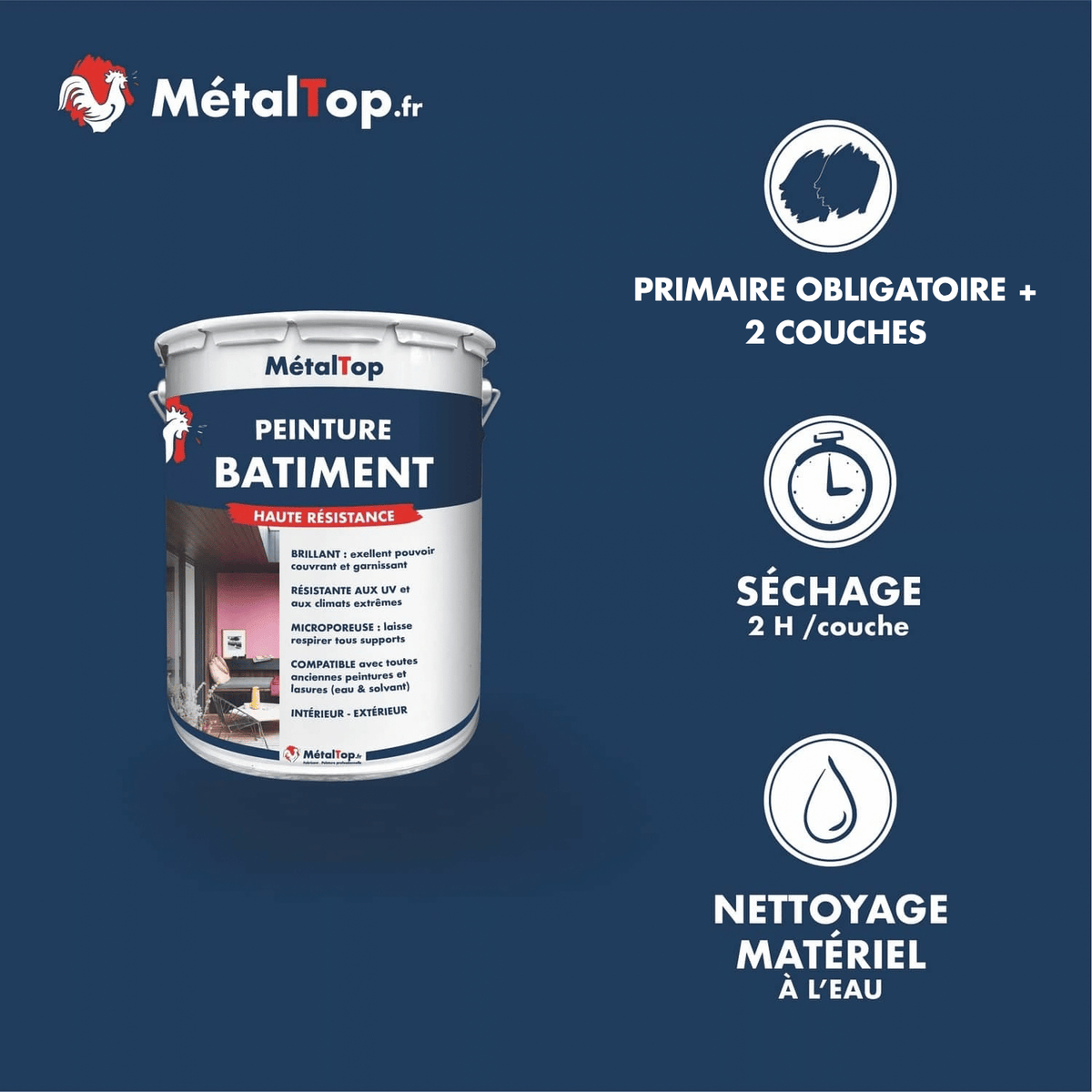 Présentation de la gamme Peinture batiment Métaltop avec conditionnement et conseils d’application
