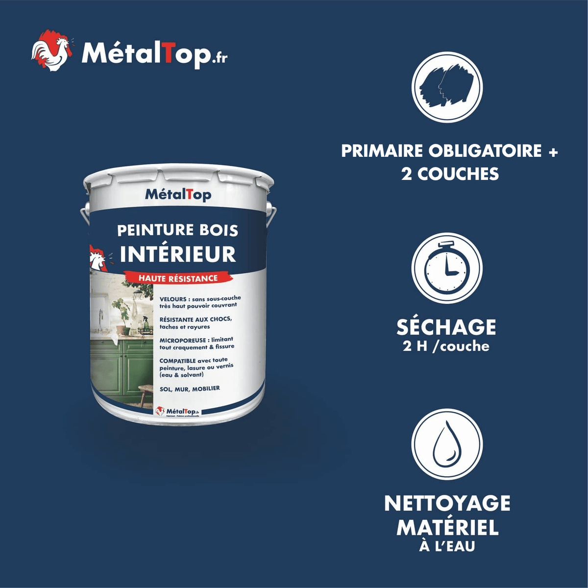 Présentation de la gamme Peinture boisinterieur Métaltop avec conditionnement et conseils d’application