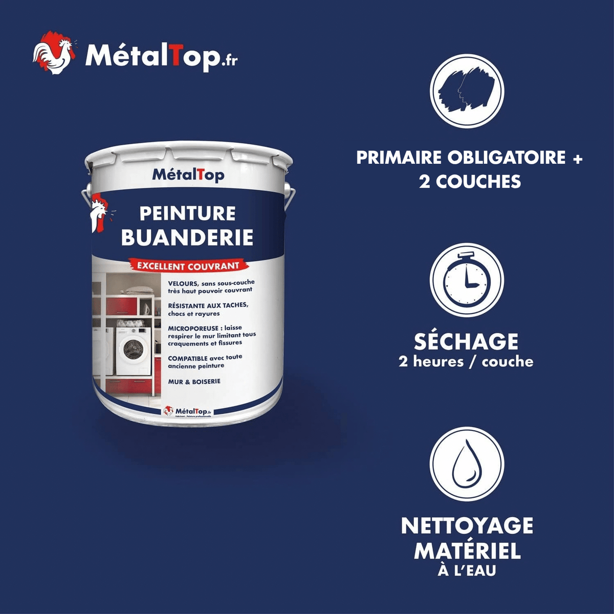 Présentation de la gamme Peinture buanderie Métaltop avec conditionnement et conseils d’application