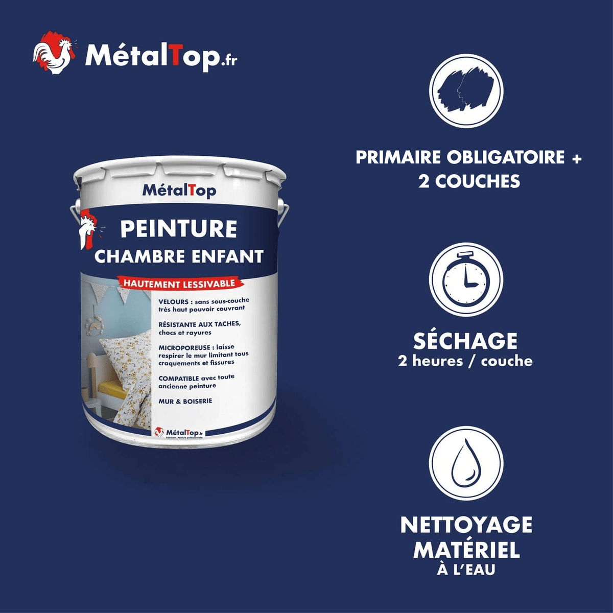 Présentation de la gamme Peinture chambreenfant Métaltop avec conditionnement et conseils d’application