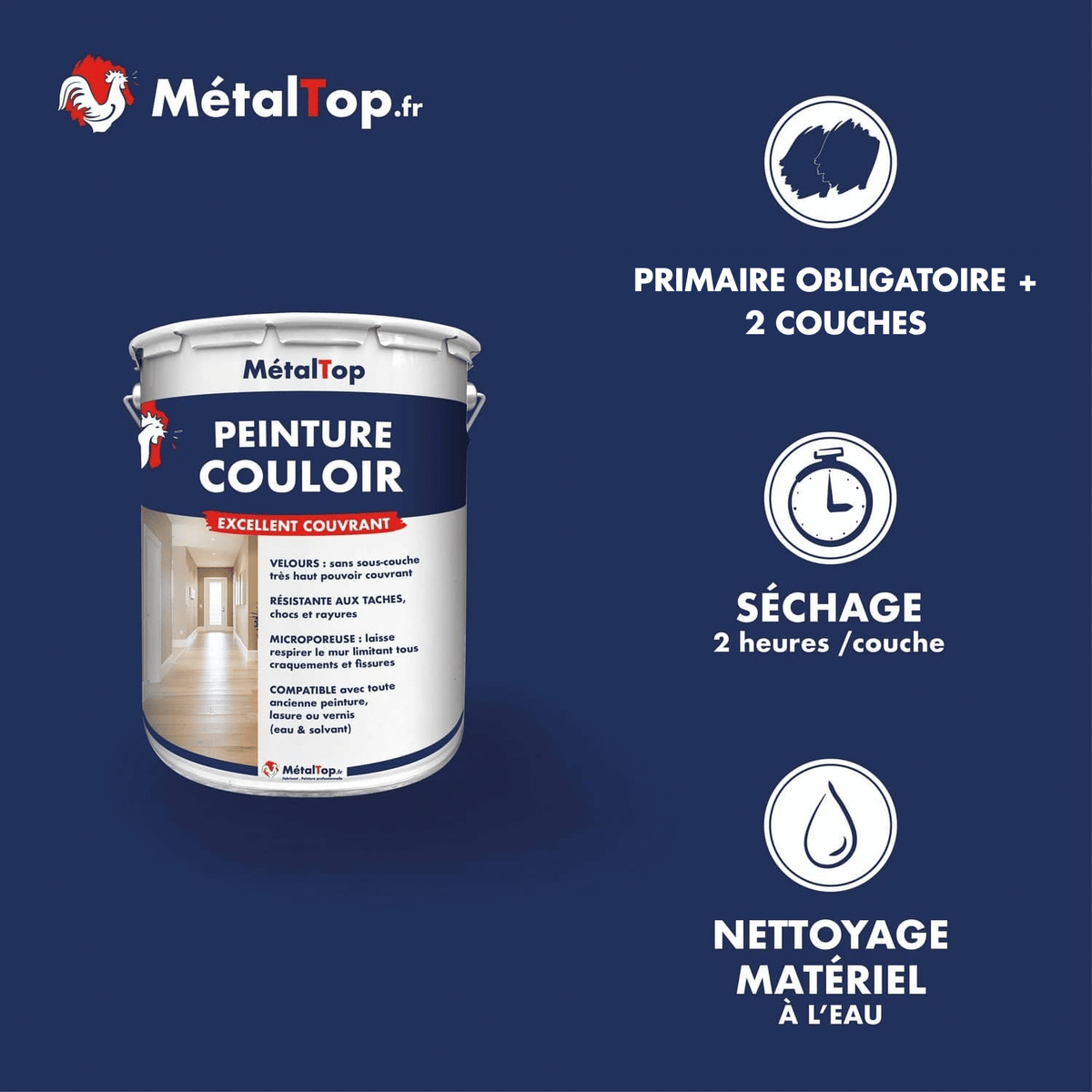 Présentation de la gamme Peinture couloir Métaltop avec conditionnement et conseils d’application